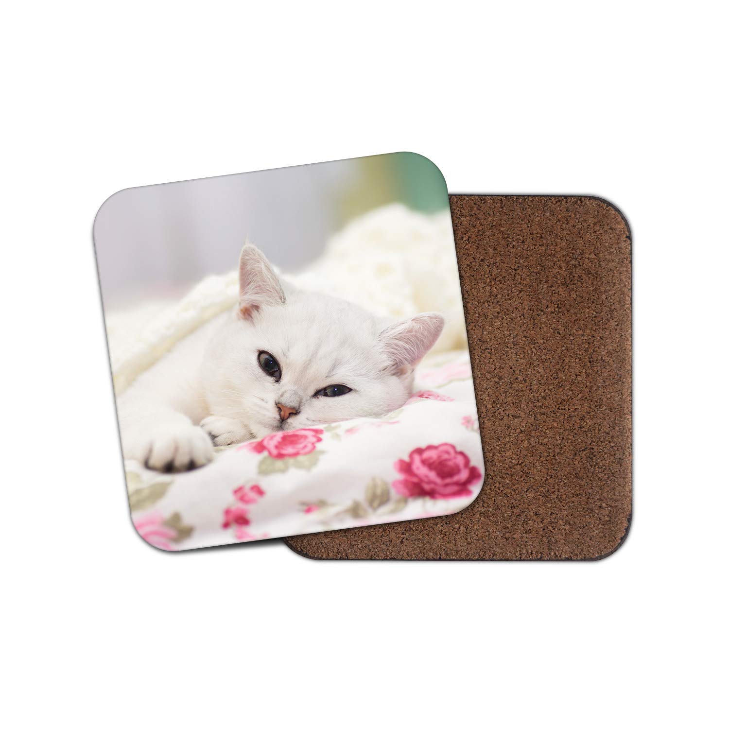 Destination Vinyl Ltd Girls Multicolor 1 X Adorable White Cat Coaster - Kitten Pretty Animals Pets Mum #12852