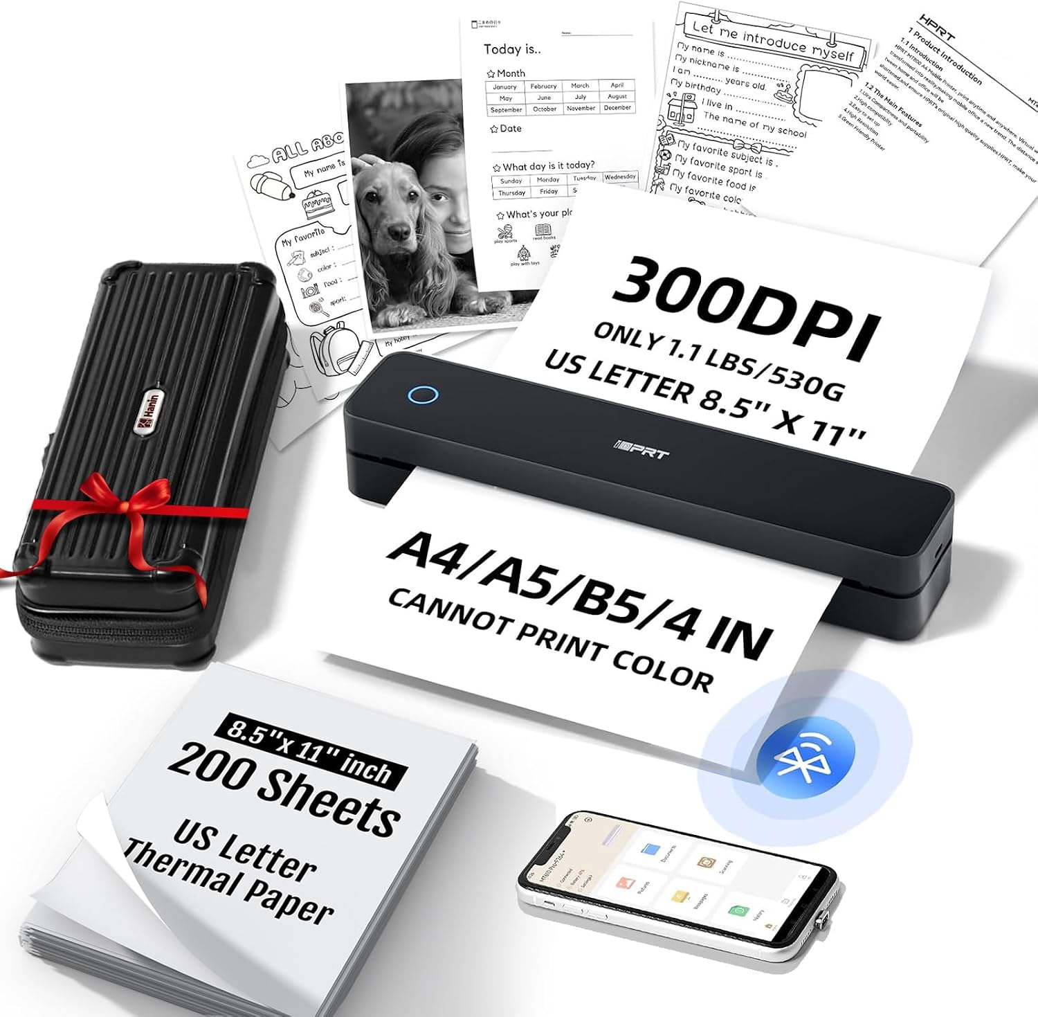 Portabl Thermal Printer for Travel with Case & 200 Sheets, Bluetooth & USB