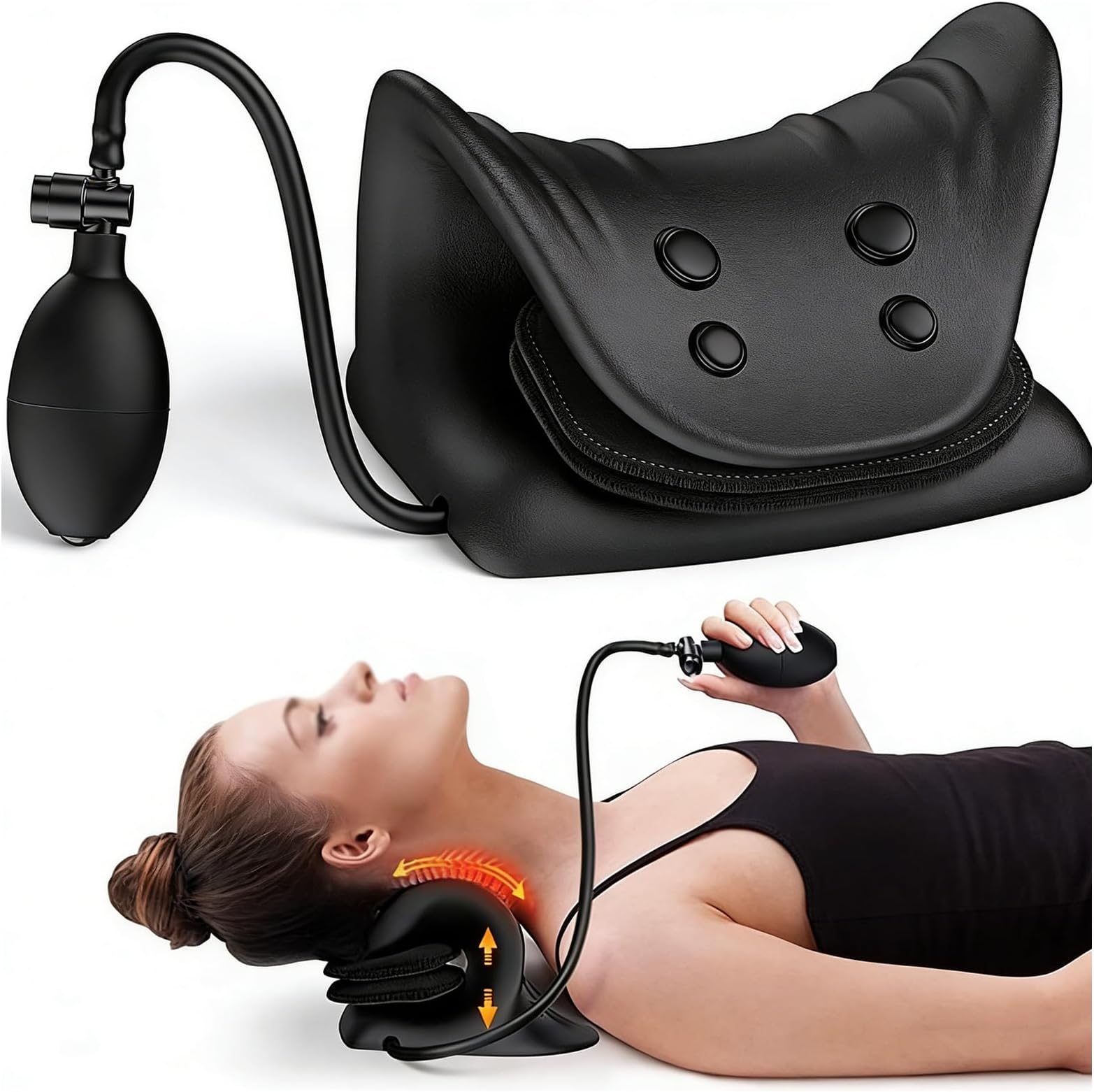 Cervical Neck Traction Device,Cervical Traction Device For Relief,Adjustable Inflatable Support Relieving Neck Pain,Stretcher Collar For Home,Travel Office(Black)