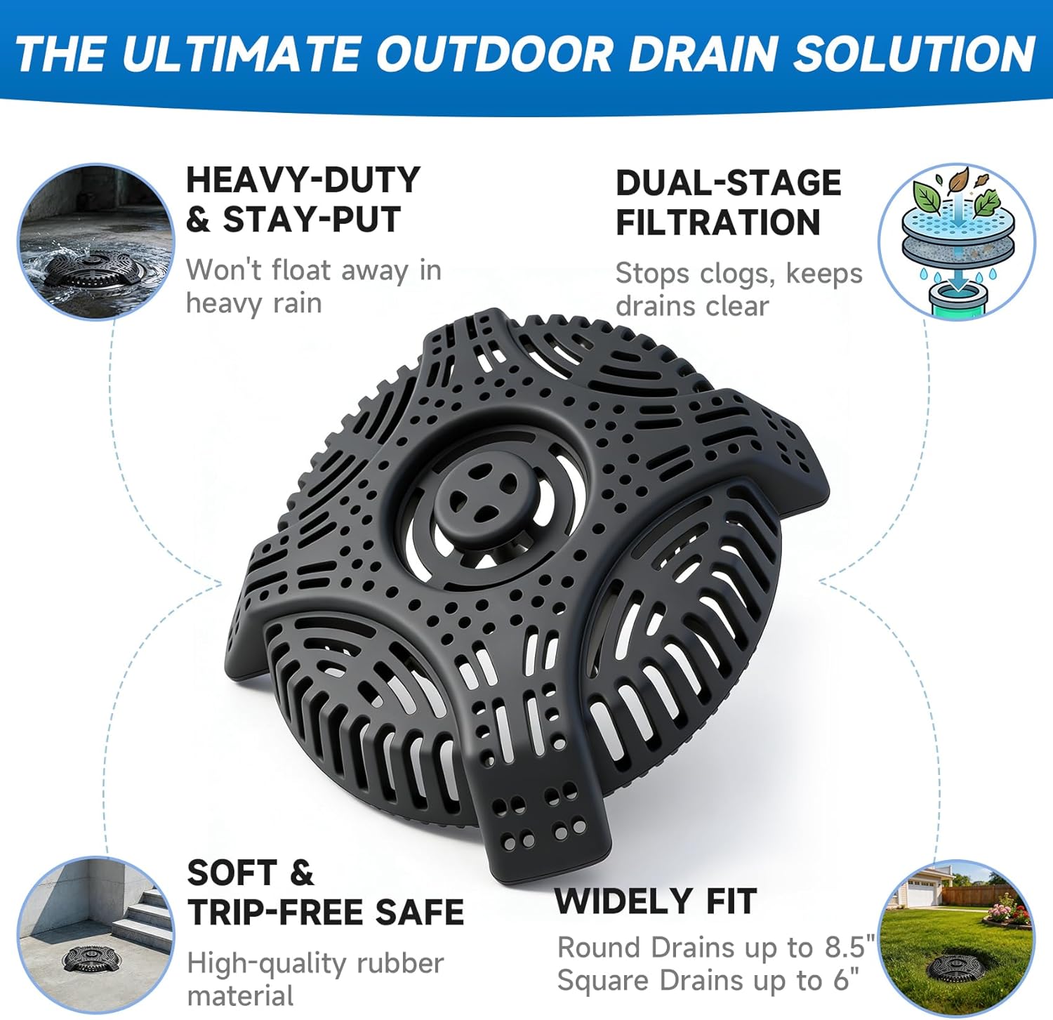 Stairwell & Basement Floor Drain Cover, Patio Outdoor Drain Defense with Integrated Column Filter, Traps Leaves, Twigs & Small Debris, Step-On Safe Design, Tool-Free Installation