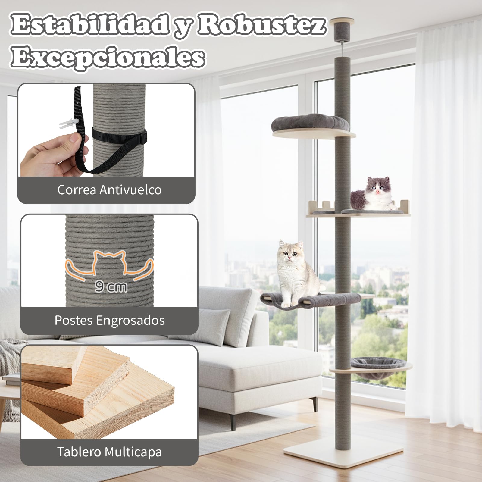 COSTWAY Árbol para Gatos de Suelo a Techo de 236-271 cm, Árbol Rascador para Gatos de Madera con Percha, Cama en Cesta, Postes Rascar, Hamaca y Cojines Removibles, Torre Gato Alta de 5 Niveles, Gris