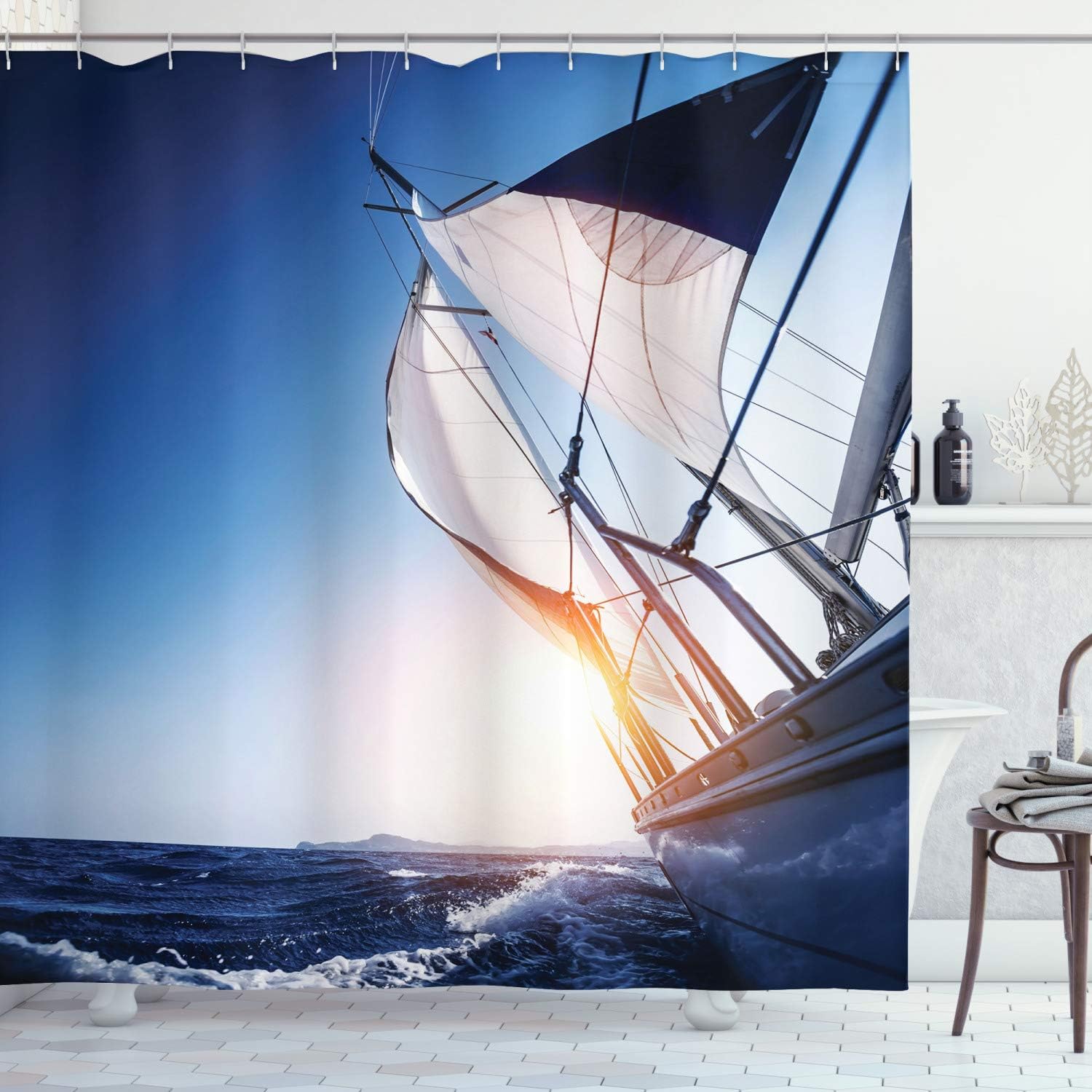 Ambesonne Sailboat Shower Curtain, Sail Boat in Action Summer Adventure Water