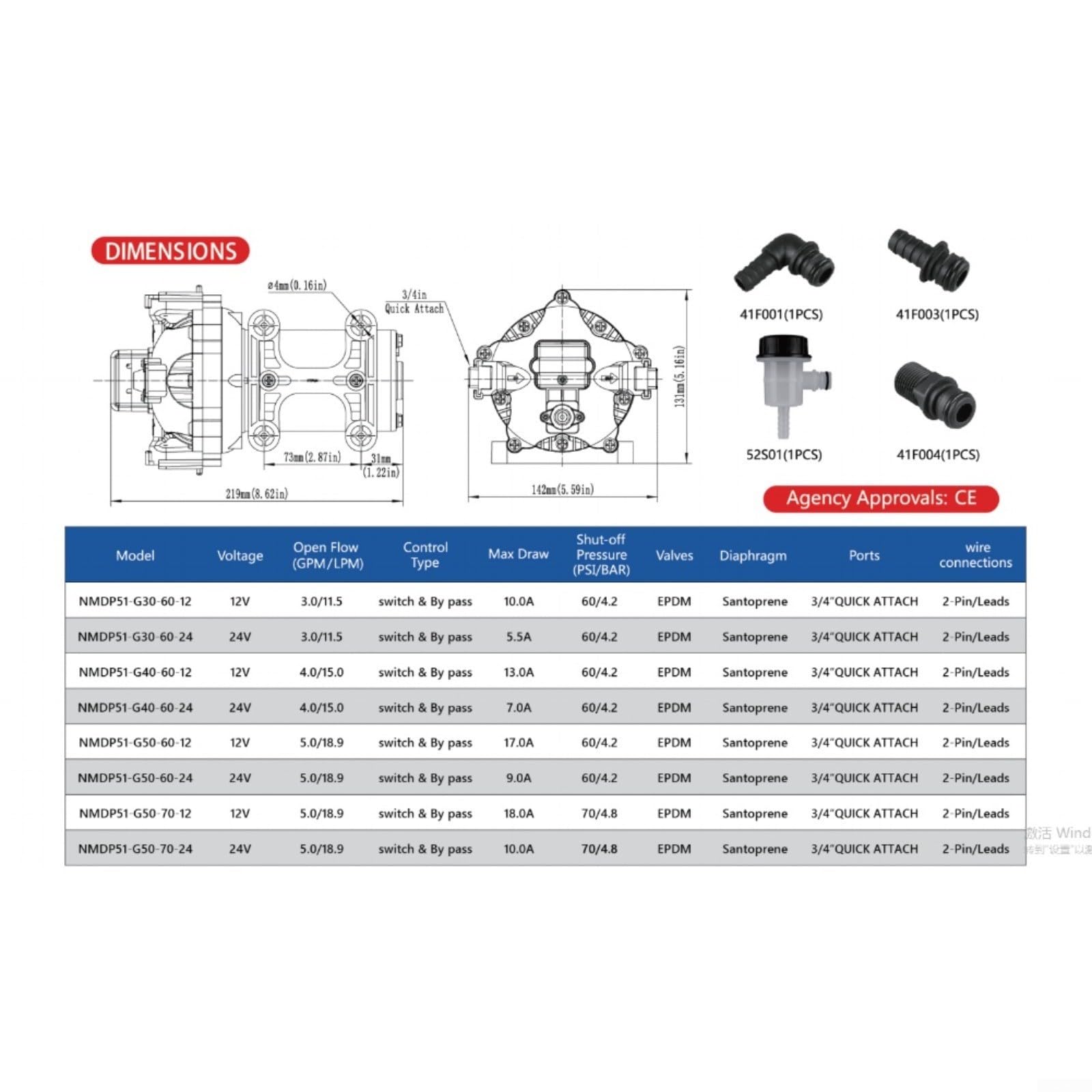 Bomba de presión autocebante de agua dulce serie 51 de 12 V para caravanas, autocaravanas y barcos, sistema de riego fuera de la red de bajo ruido (NMDP51-G40-60-24)