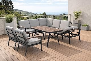 Gardissimo "Andorra Links Dining Lounge mit Ecksofa, Esstisch, 2 Sessel, Kissen, Wetterfest 9 Personen, Bezüge Waschbar, Aluminium - Nonwood Sitzgruppe Gartenlounge Gartenmöbel Set, Anthrazit