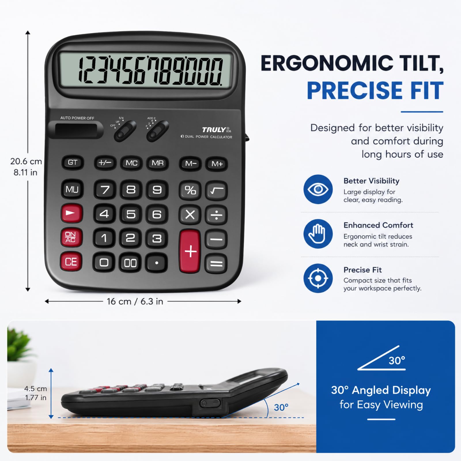 TRULY Calculadora de escritorio de 12 dígitos con pantalla extragrande de 5.3 pulgadas, interruptor de alimentación lateral, teclas GT y MU, alimentación dual, pantalla en ángulo de 30° para oficina y