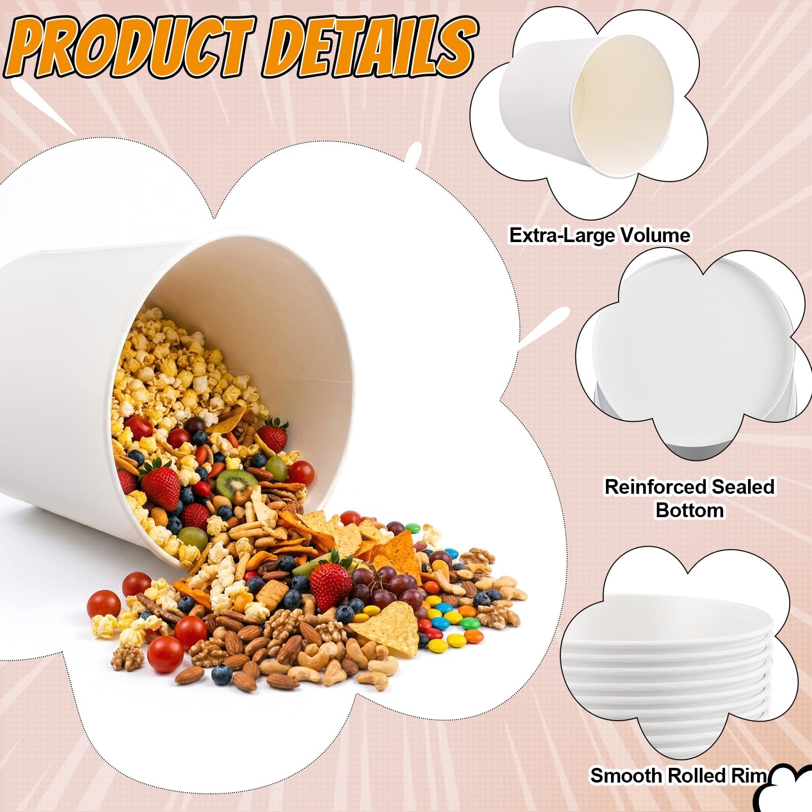 ARQRHTLY 50 secchi usa e getta per popcorn da 2,409,7 g, con coperchi di carta, grandi contenitori bianchi vuoti per popcorn, cibo, snack, feste, serate cinematografiche, carnevale, artigianato fai da