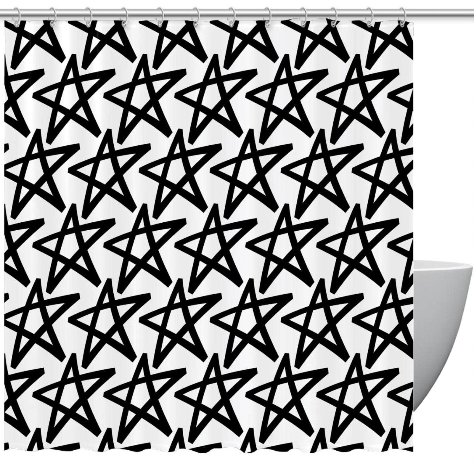 Rideau de douche bicolore au motif étoiles graphiques, livré avec 12 anneaux solides