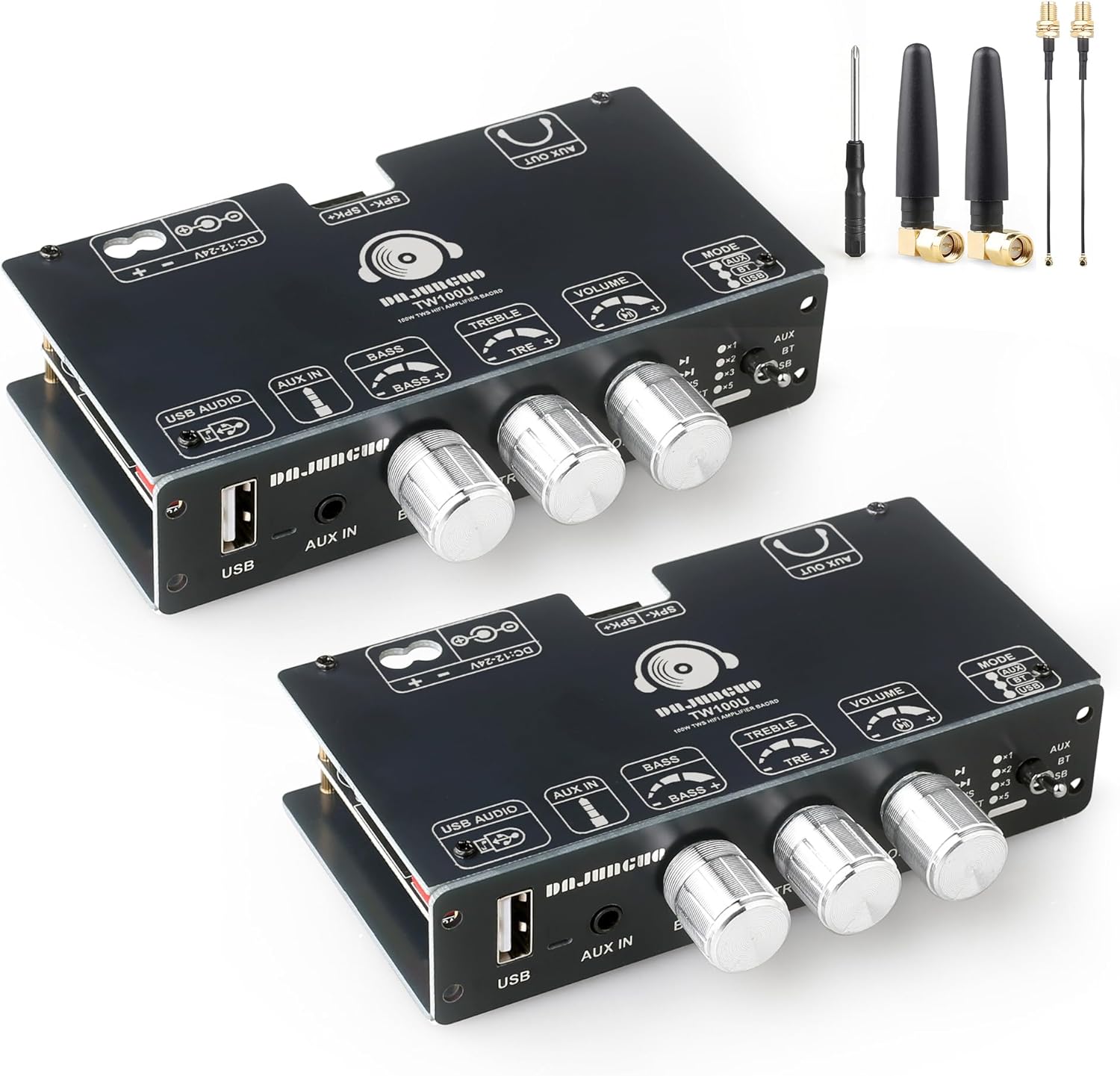 2PCS TW100U 100W Mono Amplifier Board, TPA3116D2 Digital Power Amp Module with Built-in Step-up Voltage Circuit (19V/24V), Supports TWS Wireless Pairing, Bluetooth 5.3, AUX, USB Input, DC 12-24V