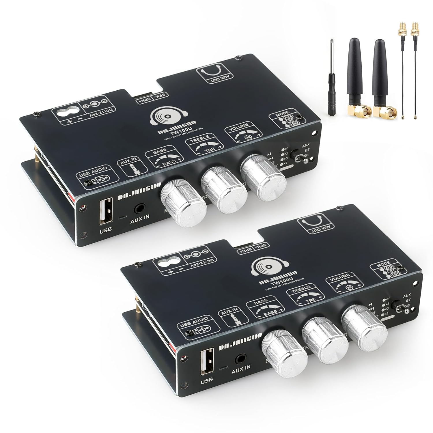 2PCS TW100U 100W Mono Bluetooth 5.3 Amplifier Board with TWS, TPA3116D2 Chip, DC 12–24V Input, Built-in Boost to 19V/24V, AUX/USB/Bluetooth Input, Mode Switch for DIY Subwoofer/Speaker