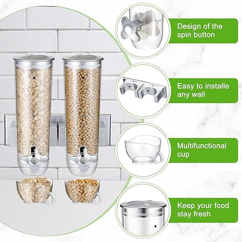 Miniatura 3 de Huwena 4 juegos de contenedores de cereales, 3 litros cada juego, dispensador de cereales montado en la pared, dispensador de alimentos secos,