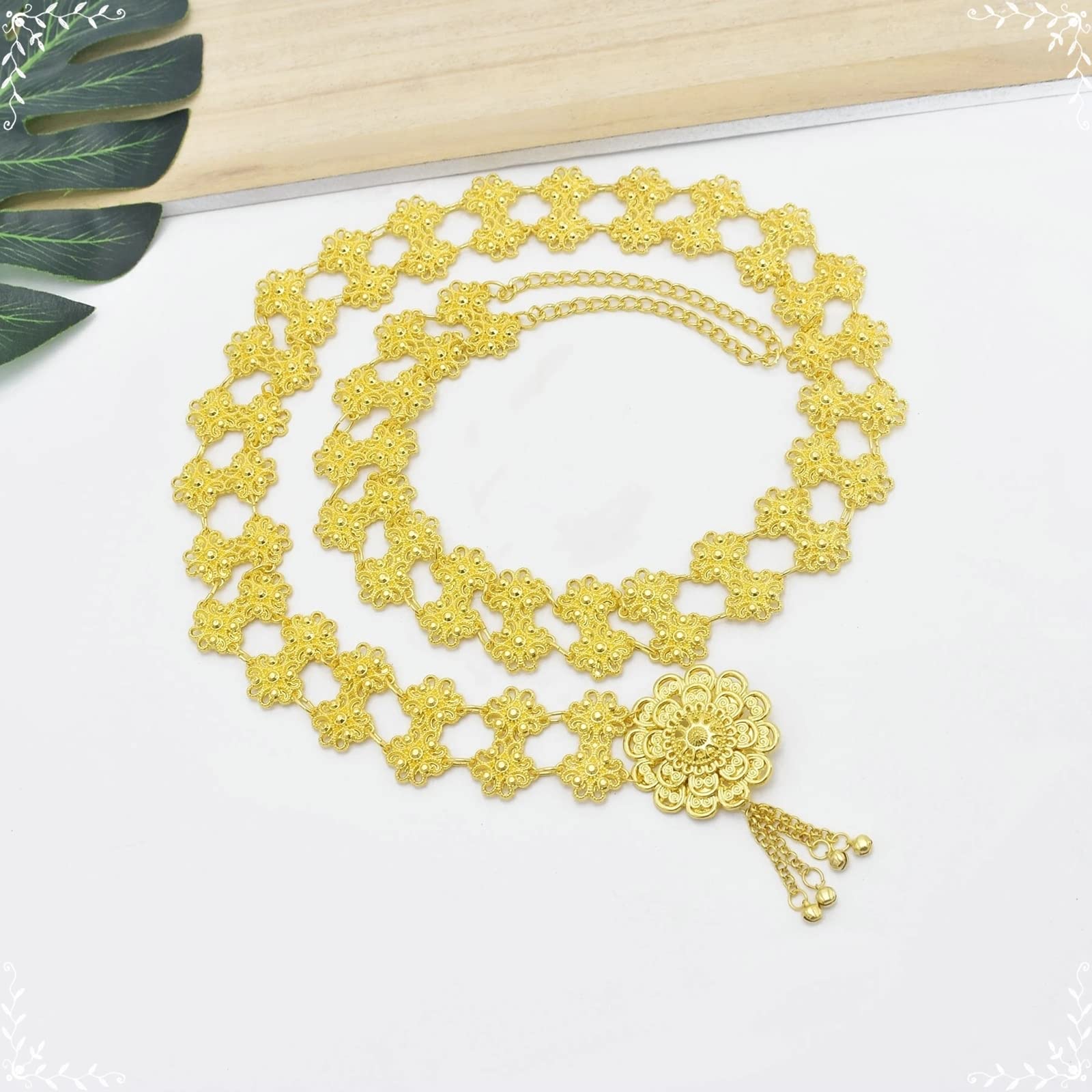 Catena del Ventre d'oro Grande, Gioielli in Vita Fiori placcati in Oro con Nappe Catena in Vita 42 Pollici (107 cm) Gioielli per Il Corpo per Le Donne