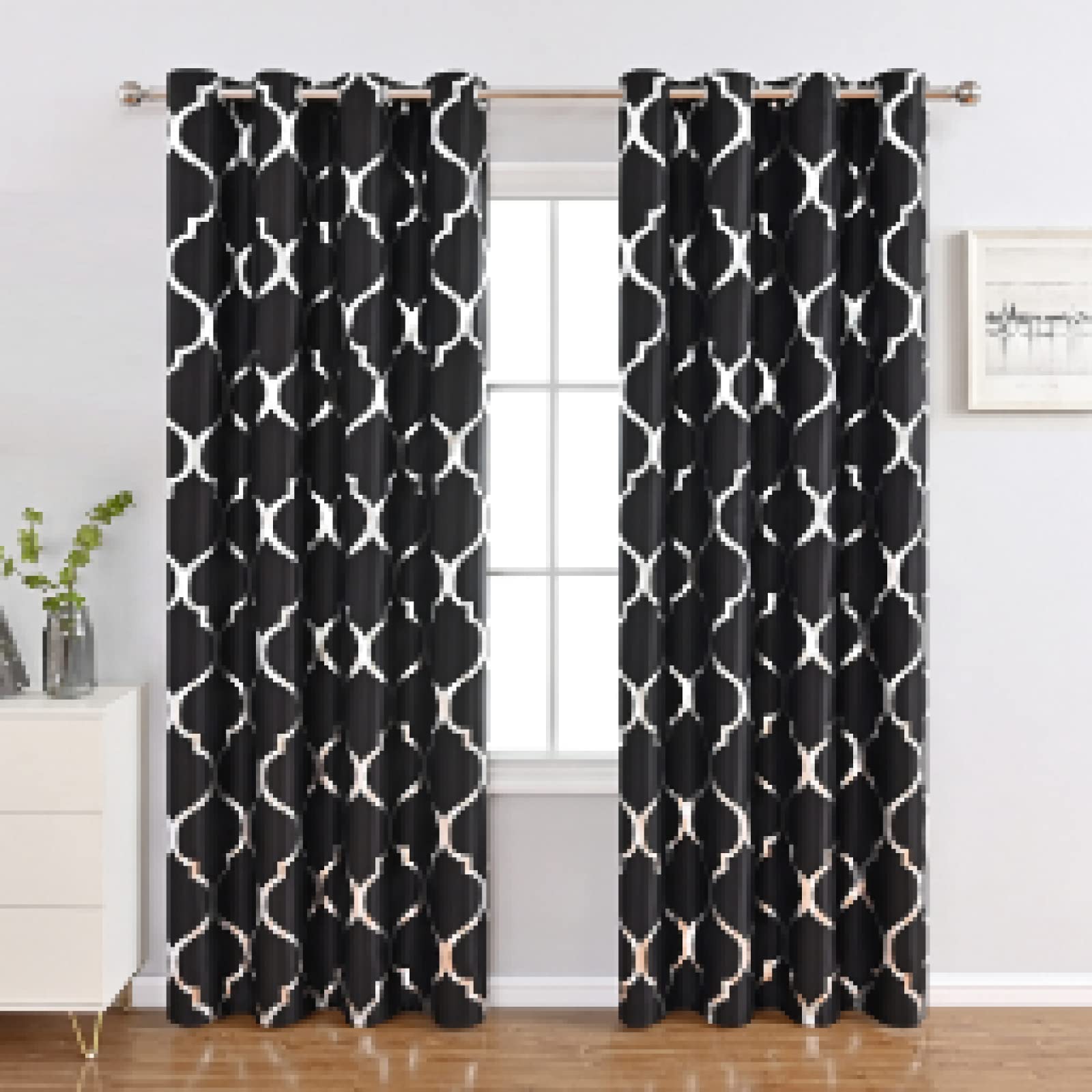XIANGPEIFBH Black Color Geometric Balckout Curtains for the Bedroom Living Room Windows Backdrop Silver Pattern Balckout Curtain 108(W) x(H) 160cmx2pcs