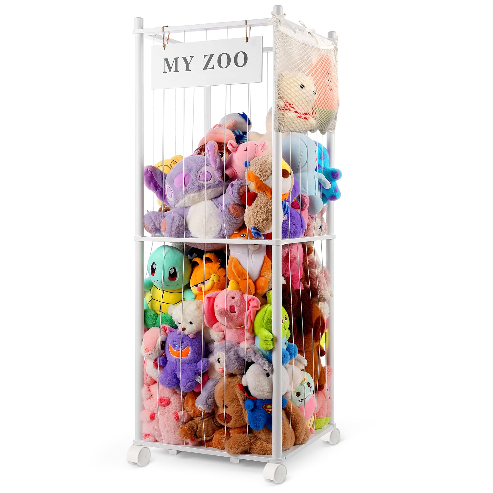 Khlerox White Stuffed Animal Storage Zoo With Wheels, Wooden Stuffed Animal Organizer With Elastic Cords, Space Saving Toy Plushies Storage Holder For Playroom, Bedroom, Living Room(, Large)
