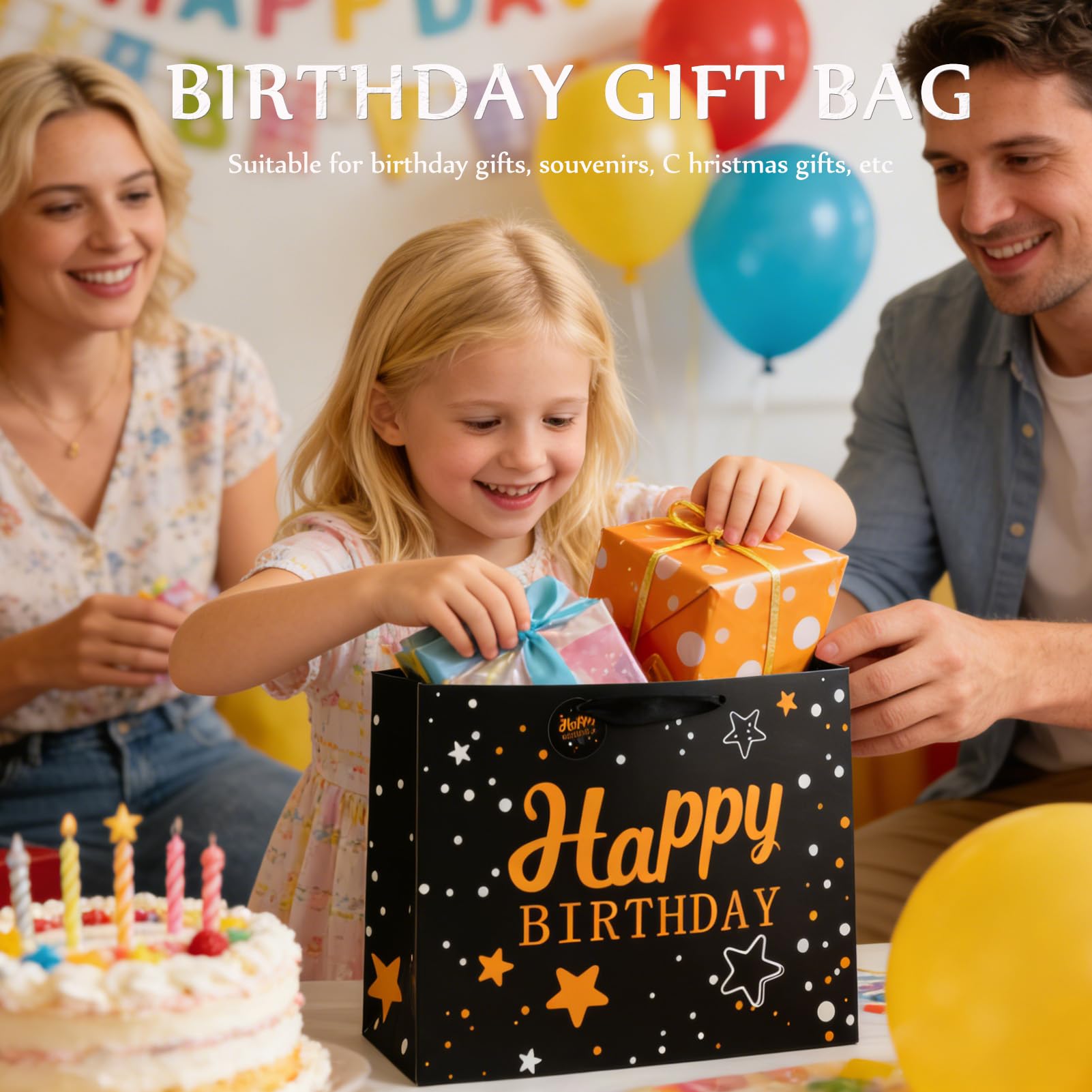 LUCTHY Large Birthday Gift Bag with Handles, 3 Tissue Papers, Card, Black-1 - Image 6