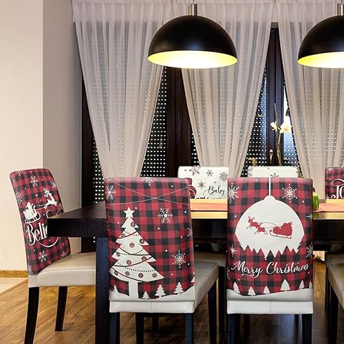 Miniatura 5 de SearchI Juego de 6 fundas navideñas para respaldo de silla, extraíbles y lavables, para comedor, cocina, sala de estar (patrón rojo)