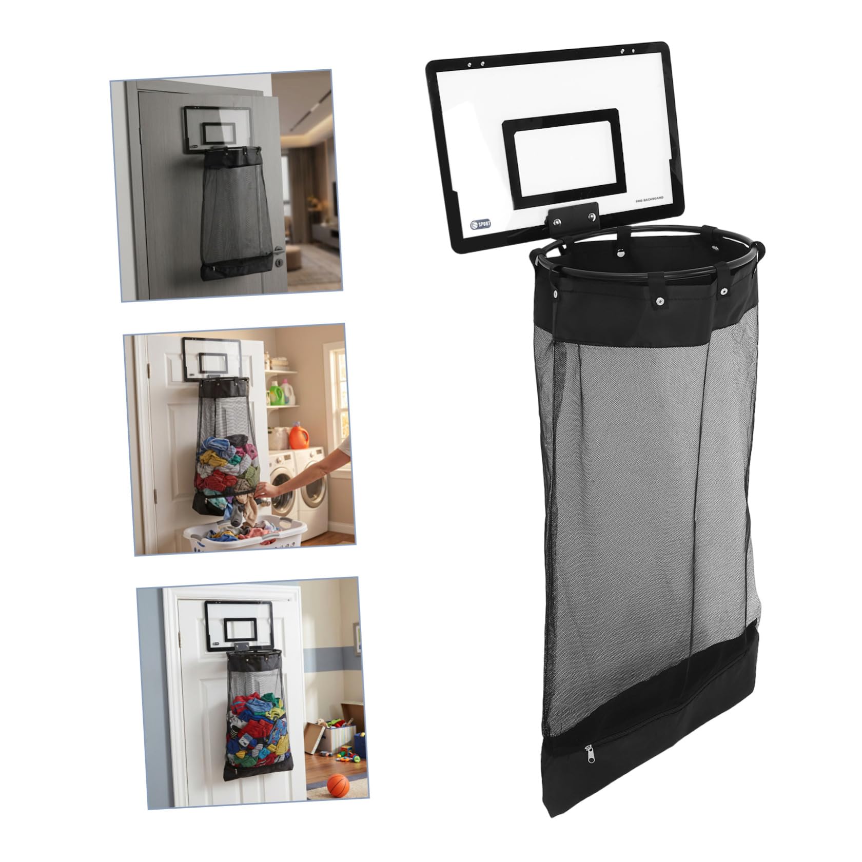 ABOOFAN Hängender Wäschekorb mit Basketballkorb Schwarzer Kunststoffnetzstoff Reißverschluss Universelle Haken Platzsparend für Badezimmer und Schlafsäle