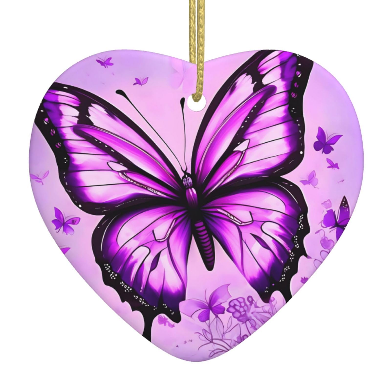Purple Butterfly Ceramic Christmas Heart Pendant with Silk Thread, Christmas Tree Home Decoration