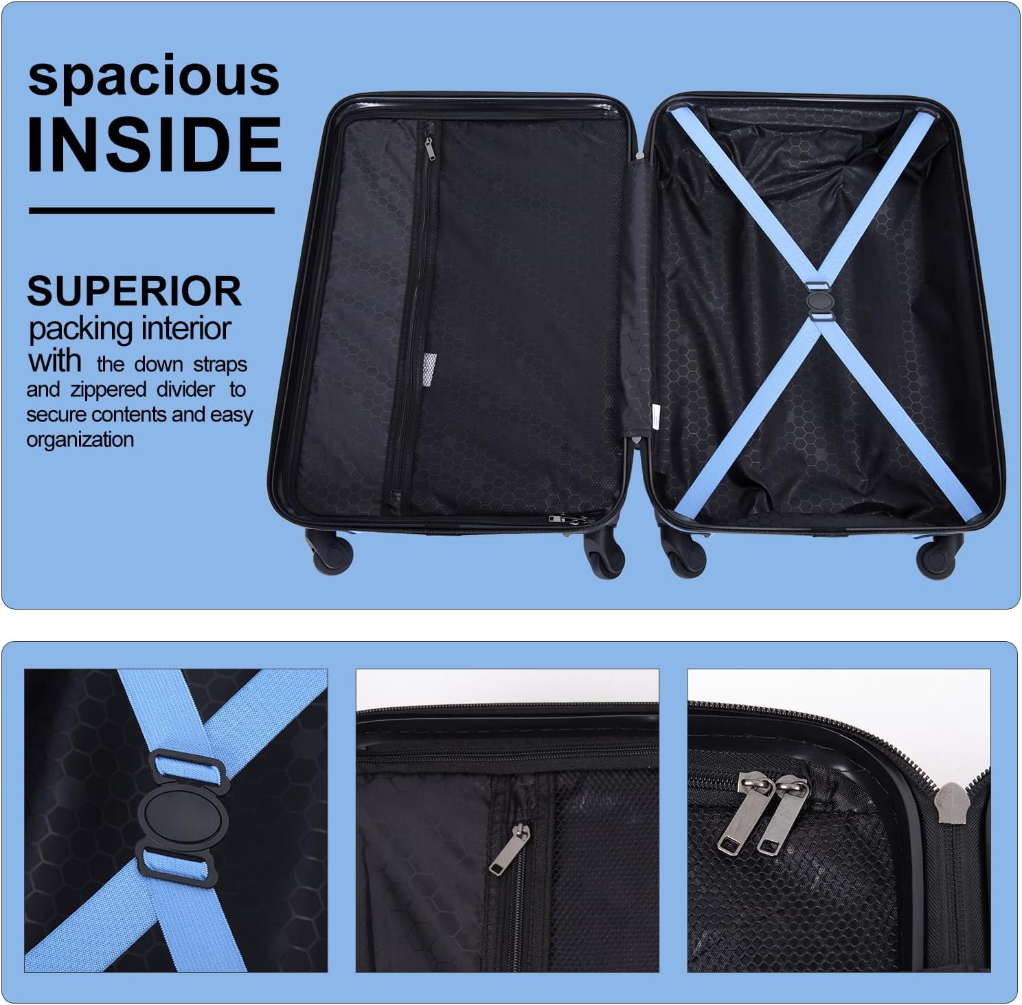 Tripcomp Luggage Sets 3piece Set Hardshell Luggage with Spinner Wheels, TSA Lock, Travel Suitcase Sets, 20 Inch Carry On, 24 Inch Mid-size, 28 Inch Large siutcase (Light Blue)