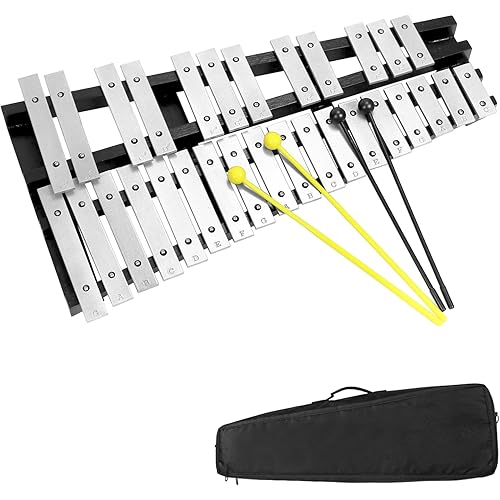 QWORK Aluminum Xylophone Percussion Instrument, Foldable 30 Keys Glockenspiel, Musical Instrument with Mallet