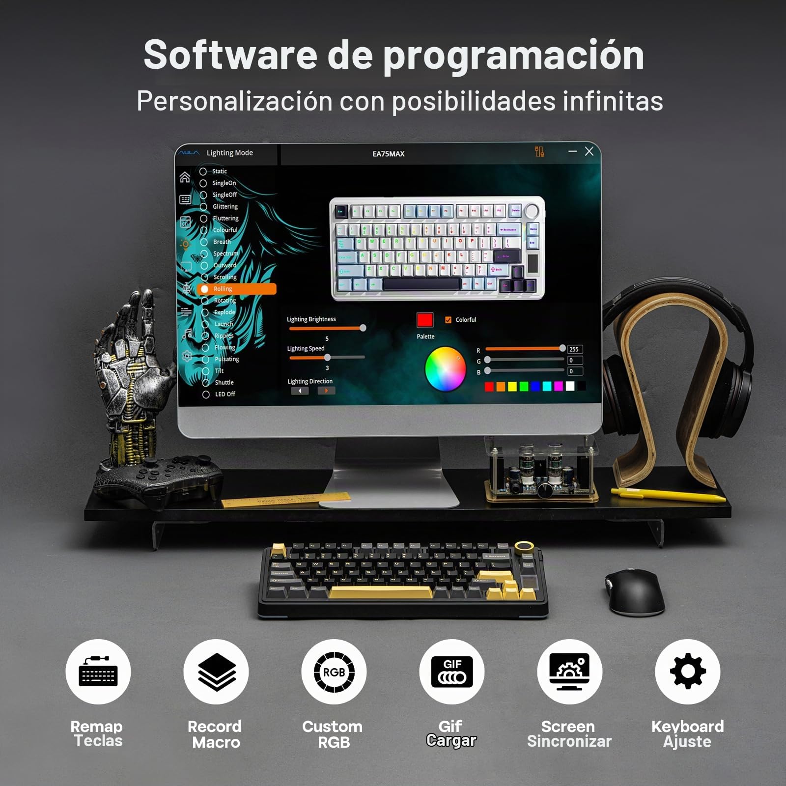 EPOMAKER X Aula EA75 MAX Teclado Mecánico Inalámbrico para Juegos con Pantalla y Perilla, 5000mAh, Hot-Swap, RGB, Teclas PBT,Gasket Suave, Teclado Mecánico del 75%,Formato US (Negro, Silent Switch)