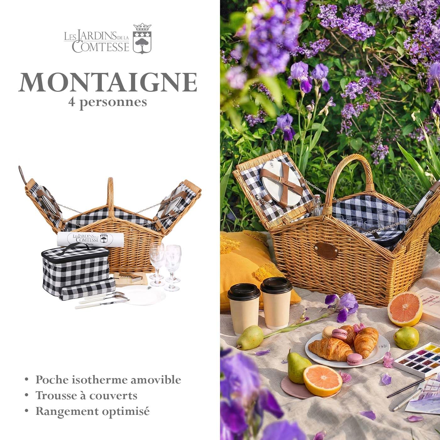 Les Jardins de la Comtesse - Panier Pique Nique Montaigne 4 Personnes en Osier Naturel - Carreaux Noirs et Blancs - 48 x 33 x 43 cm