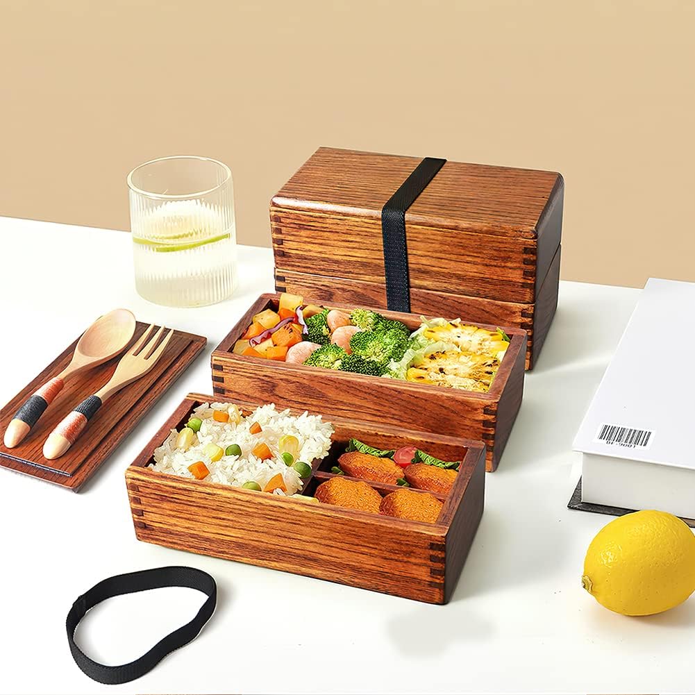 AOOSY Wood Bento Box, Lunch boxes, Japanese Traditional Natural Square Wooden Lunch Containers Women's Men's Adult Wood Bento Box with Spoon Fork kit - Image 5