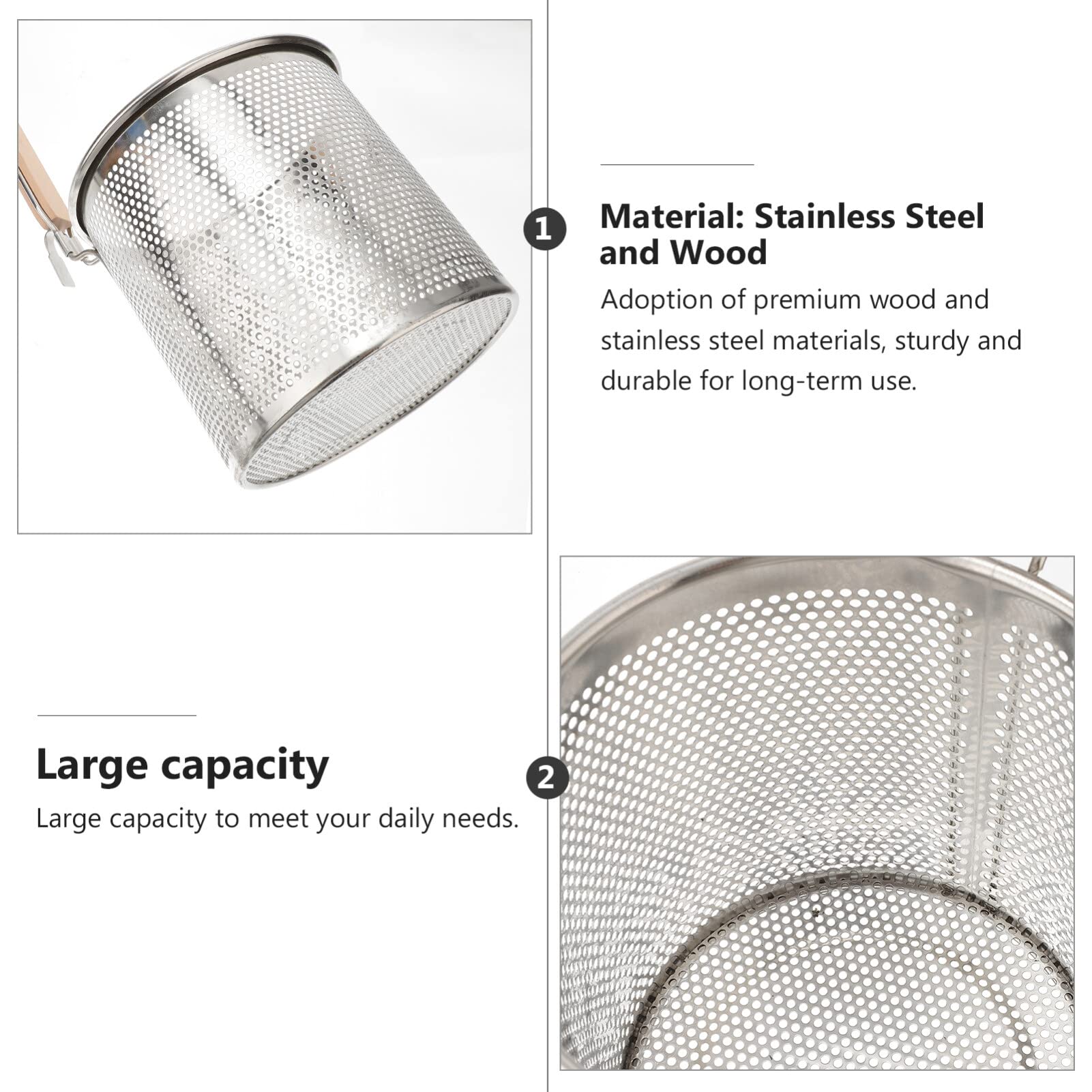 Nudelkorb aus Edelstahl, Nudelsieb, Nudelkorb mit Holzgriff, for Aufhängen von Spaghetti, Edelstahlgeflecht, Spinnensieb for Nudeln, Nudeln, Knödel, 18 cm Körbe (Farbe: Silber, Größe: 40,5 x 18 cm) (