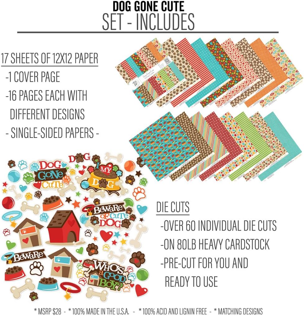Die Cuts & Paper Set - Dog Gone Cute - By Miss Kate Cuttables - 16 Single - Sided 12"x12" Premium Specialty Paper Sheets & OVER 60 Coordinating Die Cuts