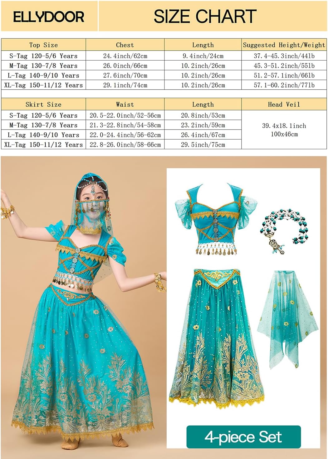 Princess Jasmine Costume for Girls Aladdin Dress UP Halloween Cosplay Party Belly Dance Outfit