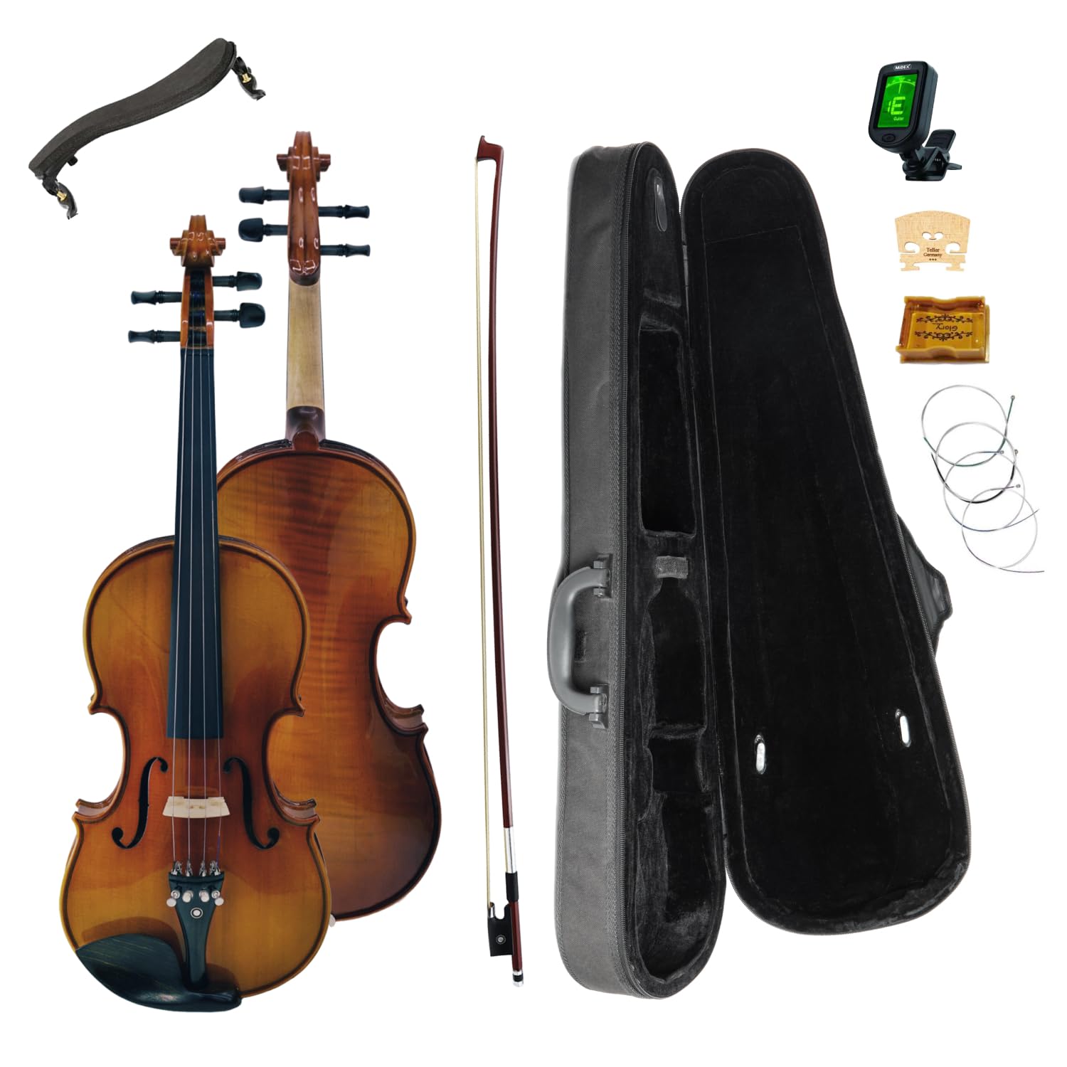CLAVIO Violin Set 4/4 Full Size, 3/4 Size Fiddle Solidwood and Ebony Fittings with Hard Case, Shoulder Rest, Strings, Bow, Rosin, Tuner and Spruce Panel, Maple Wood 1-piece Back (Antique Brown, 3/4)