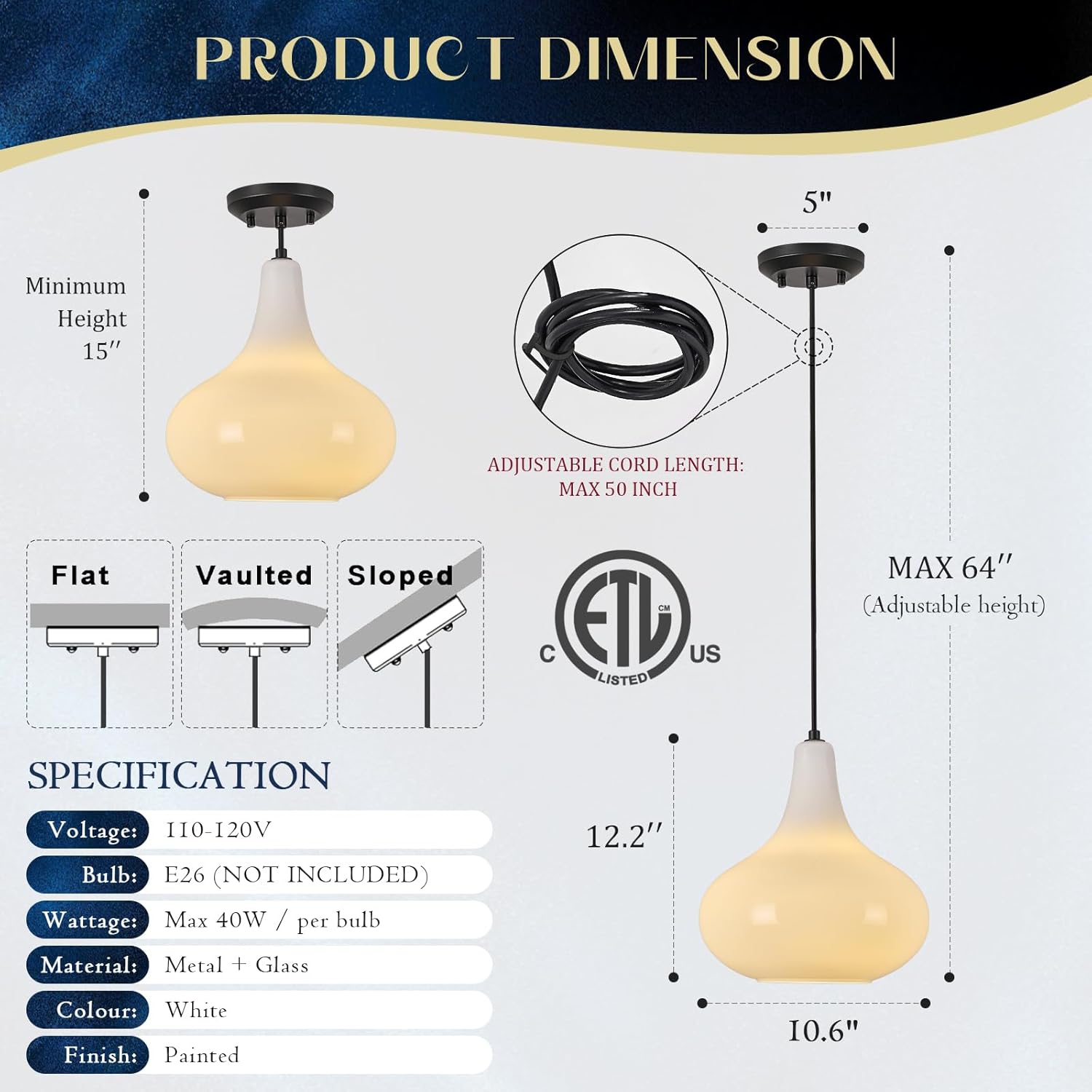 11" Milk White Glass Pendant Light – Modern Ceiling Hanging Fixture Matte Black for Kitchen Island, Dining Room, Hallway – E26 Base