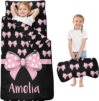 Personalized Bow Toddler Nap Mat for Girls, Customized Kids Sleeping Bag with Name for Preschool Daycare, Bowknot Toddlers Sleeping Mat with Removable Pillow and Blanke, Kid Roll Up Mat