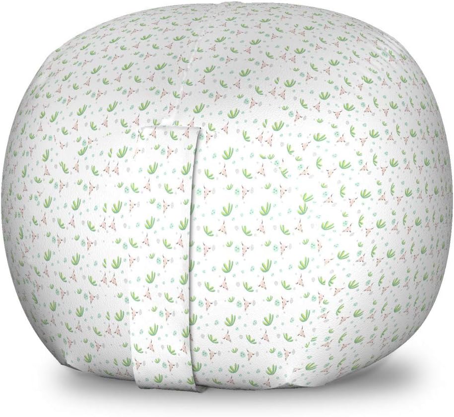 Ambesonne Agave Storage Toy Bag Chair, Repetitive Cow Skull Head and Aloe Plants Motifs Print on Plain Backdrop, Stuffed Animal Organizer Washable Bag, Small Size, White and Pale Eggshell