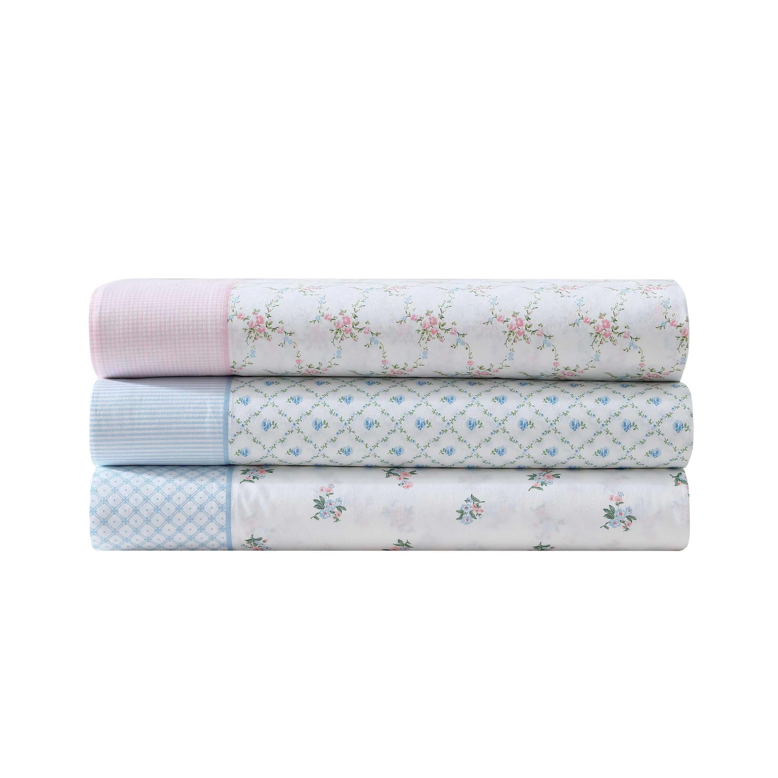 Laura Ashley - Juego de sábanas, Ropa de Cama de algodón percal Transpirable, 200 Hilos, Bolsillo Profundo, decoración Elegante para el hogar (Azul Harperette, Queen)