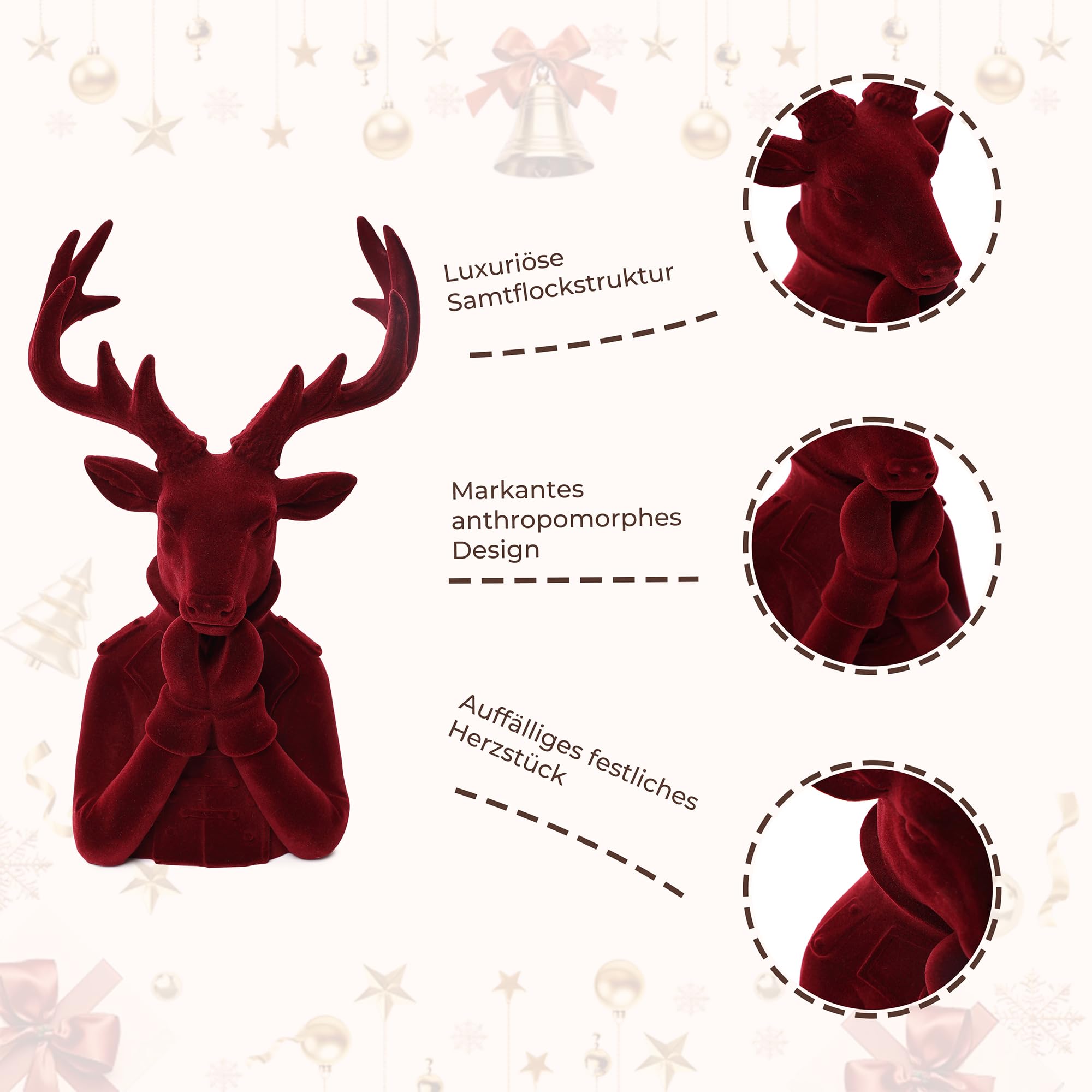 Hometopia Hirsch Deko Weihnachten 34 cm, Kunstharz Hirschkopf Rot | Eleganter Hirschkopf mit weicher Samtoptik, dekorativer Weihnachtsanhänger für Tisch, Regal und als Schmuckhalter
