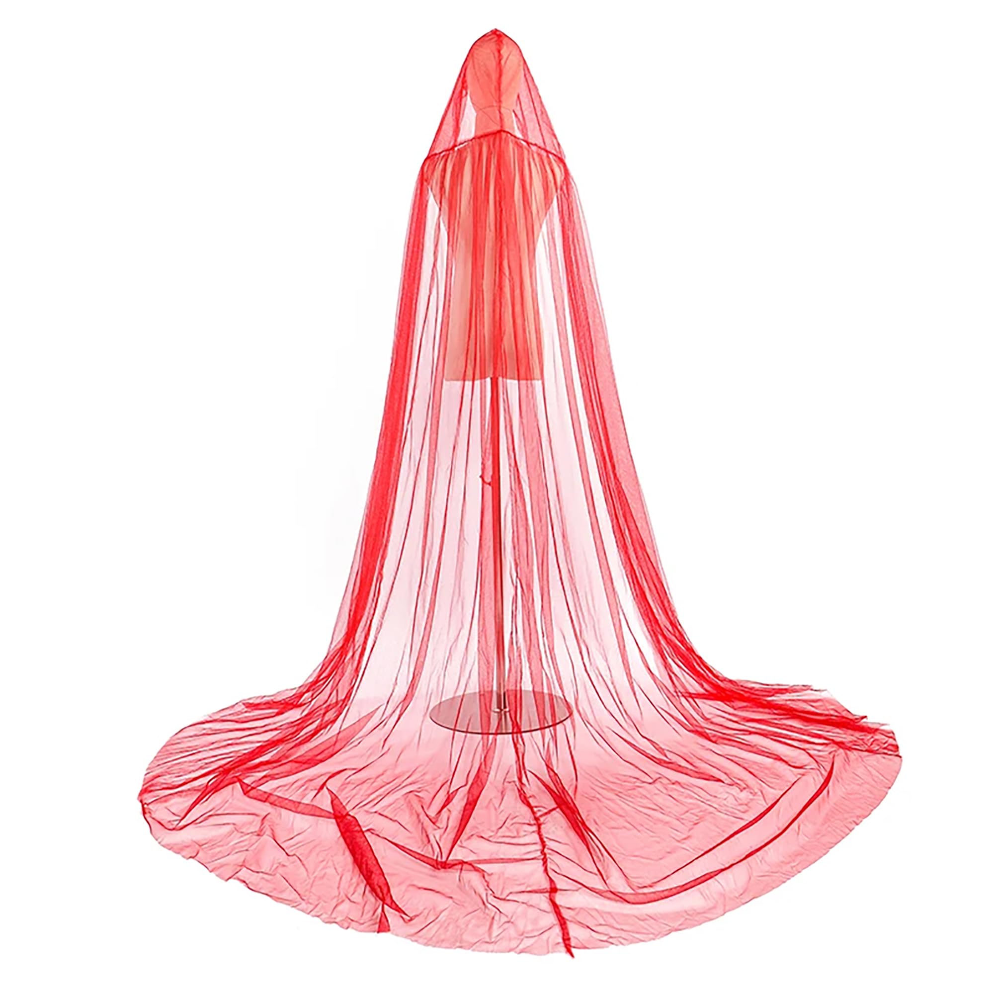 1 Tiers Women Wedding Tulle Cape Witch Vampire Hooded Cape Cosplay Party Ghost Bride Elf Cloak Long Train Bridal Dress Gothic Medieval Renaissance Halloween Costume Cloak with Oversized Hood (Red) - Image 2