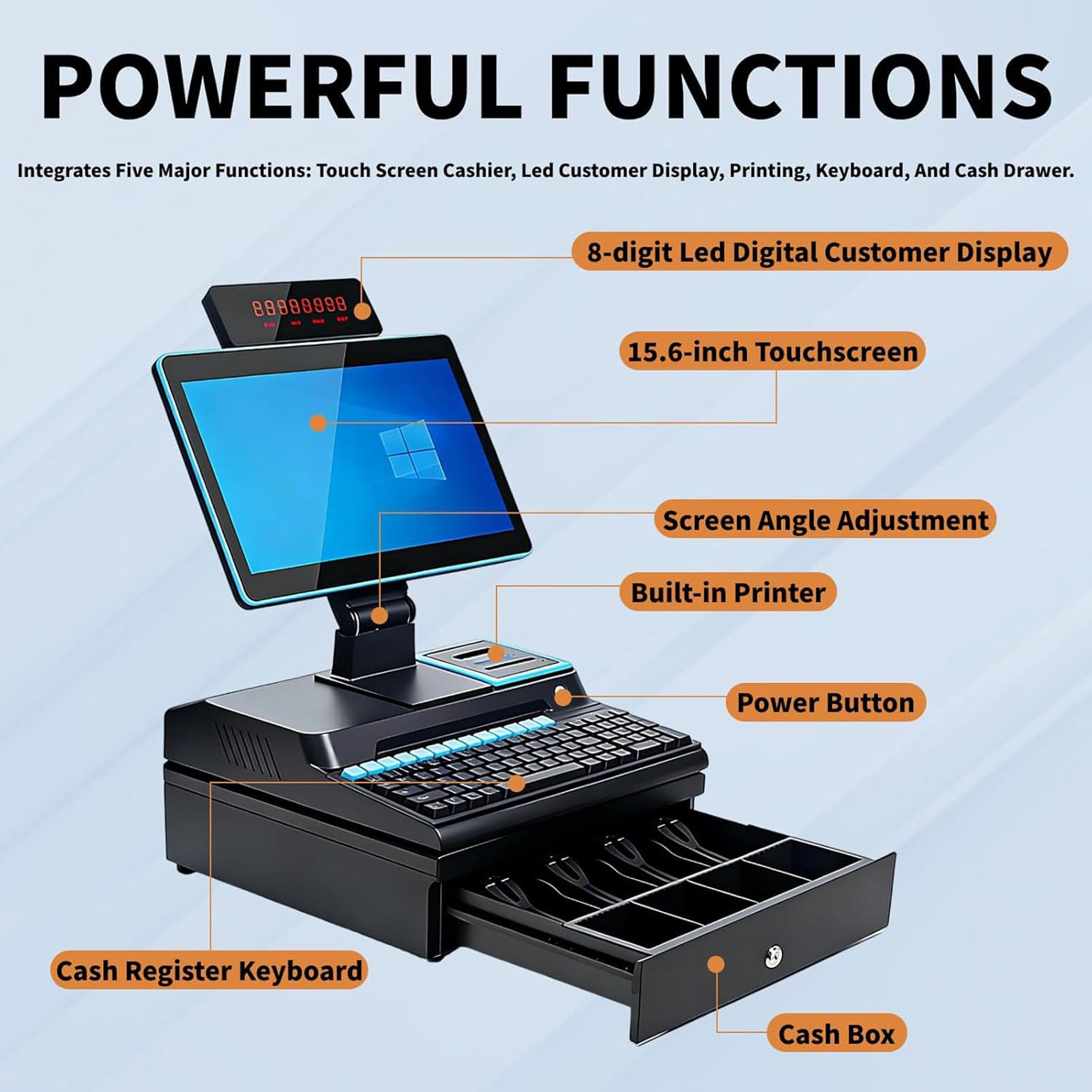 14-Zoll-All-in-One-Kassensystem, POS-Kasse mit Touchscreen, Verstellbarer Winkel, Eingebaut 58-mm-Drucker, 4 GB RAM, 64 GB SSD, Smarte Kasse für Kleine Unternehmen und Restaurants Blue