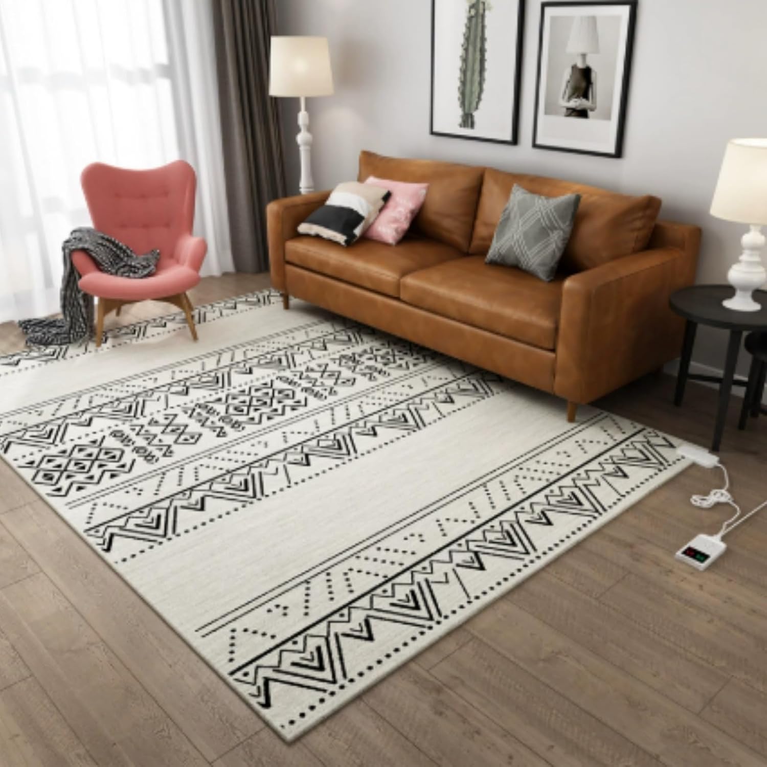 Indoor Floor Heater,Soft Plush Carpet,Graphene Electric Heated Rug,Moroccan Boho Tribal Design,Intelligent Temperature Control,for Living Room,Bedroom,Dining Space(B,41.34x74.8in)