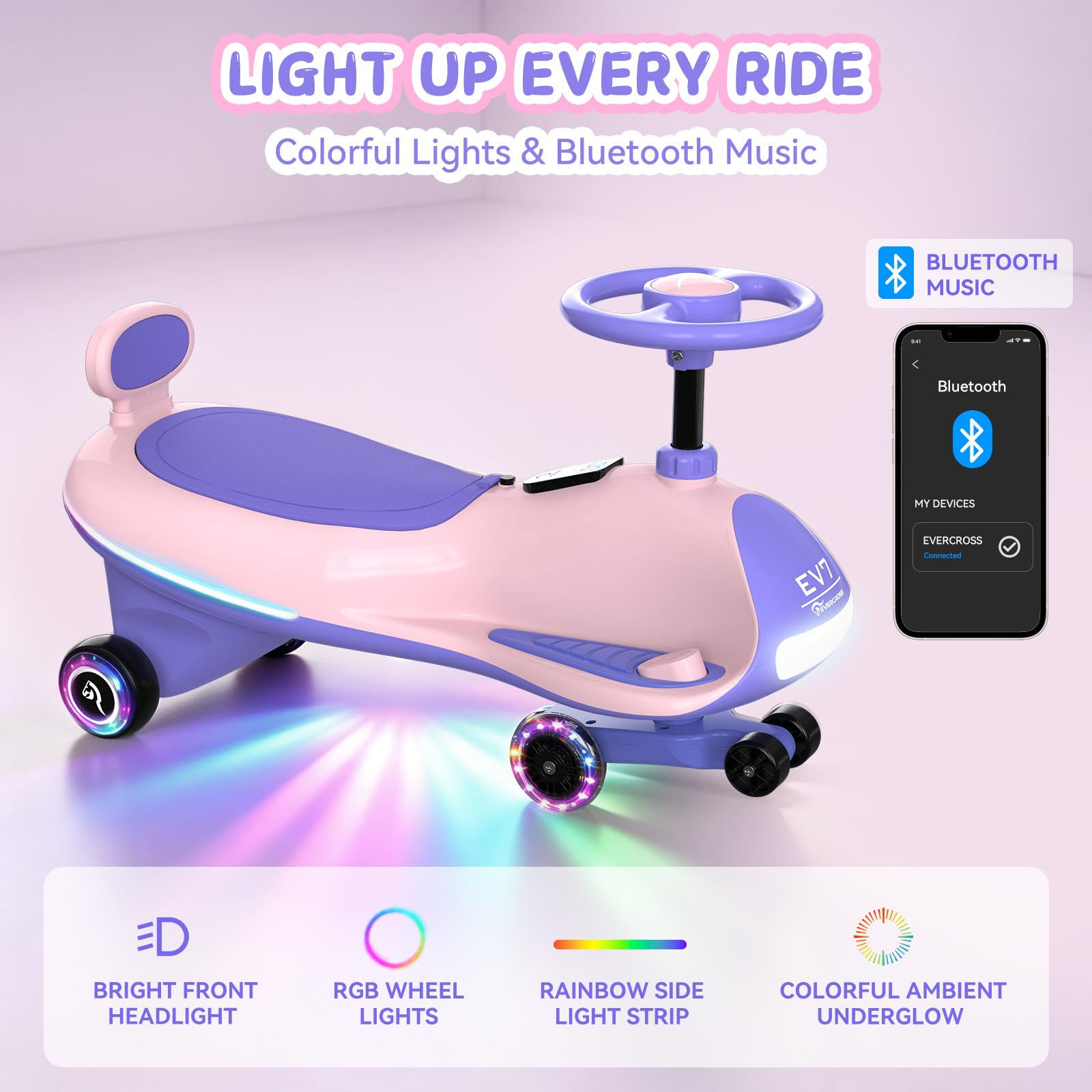 EVERCROSS EV7 Elektrisches Rutschauto Kinder ab 6 Jahren, Bluetooth & LED