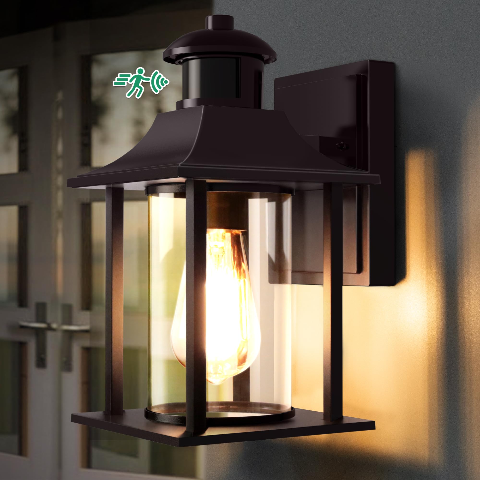 Lamomo Outdoor Wall Light,Motion Sensor Light Outdoor with Bulb,Waterproof Aluminum Security Light Sensor Wall Lantern Anti-Rust Outside Wall Sconce for Garden Doorway-Brown