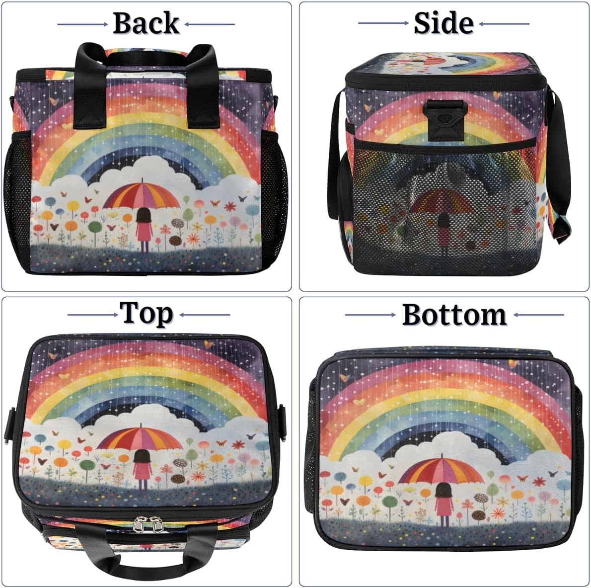 Rainbow Insulated Picnic Backpack Lunch Box for Women Men Picnic Basket Tote Lunch Bag Picnic Bag Portable Lunch Bags for Picnic, Beach, Work, Trip,Office, Camp Women and Flowers