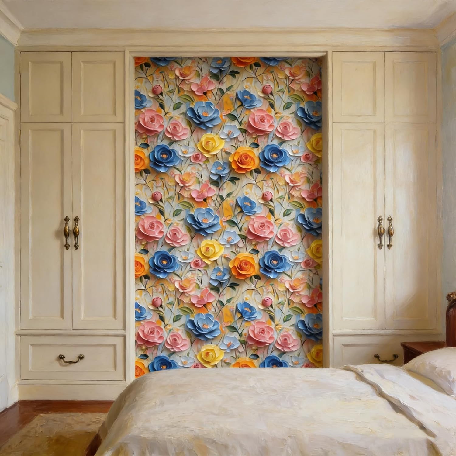 Floral Peel and Stick Wallpaper, Self Adhesive Vinyl, Removable Decorative Wall Covering, Colorful Textured Flower Design for Bedroom, Living Room, 17.3 x 118 Inches