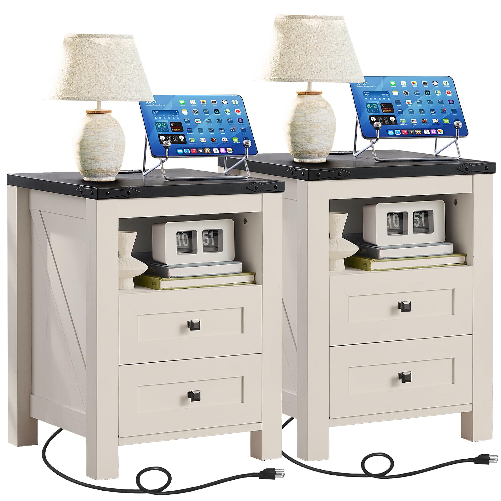 Joaxswe Night Stands with Charging Station Set of 2, Farmhouse Nightstand, White Wooden Bedside End Tables with 2 Drawers and Open Shelf, Bed Side