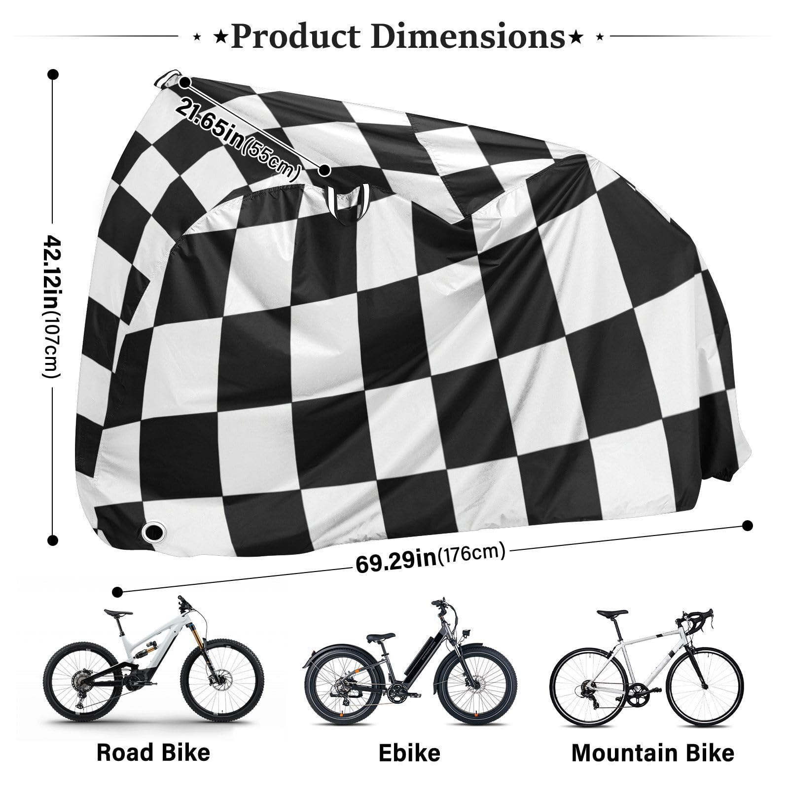 Housse de vélo imperméable à carreaux noirs et blancs avec trous de verrouillage pour intérieur ou extérieur - Convient à la plupart des protections pour vélo de route