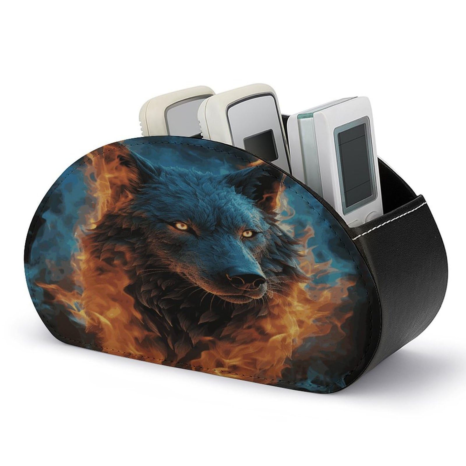 LZQPOEAS Wolf Head in Blue Flames Remote Control Holder with 5 Compartments PU Leather Remote Organizer Box Caddy for Table Nightstand Remote Caddy Desktop Organizer Fits Media Controllers
