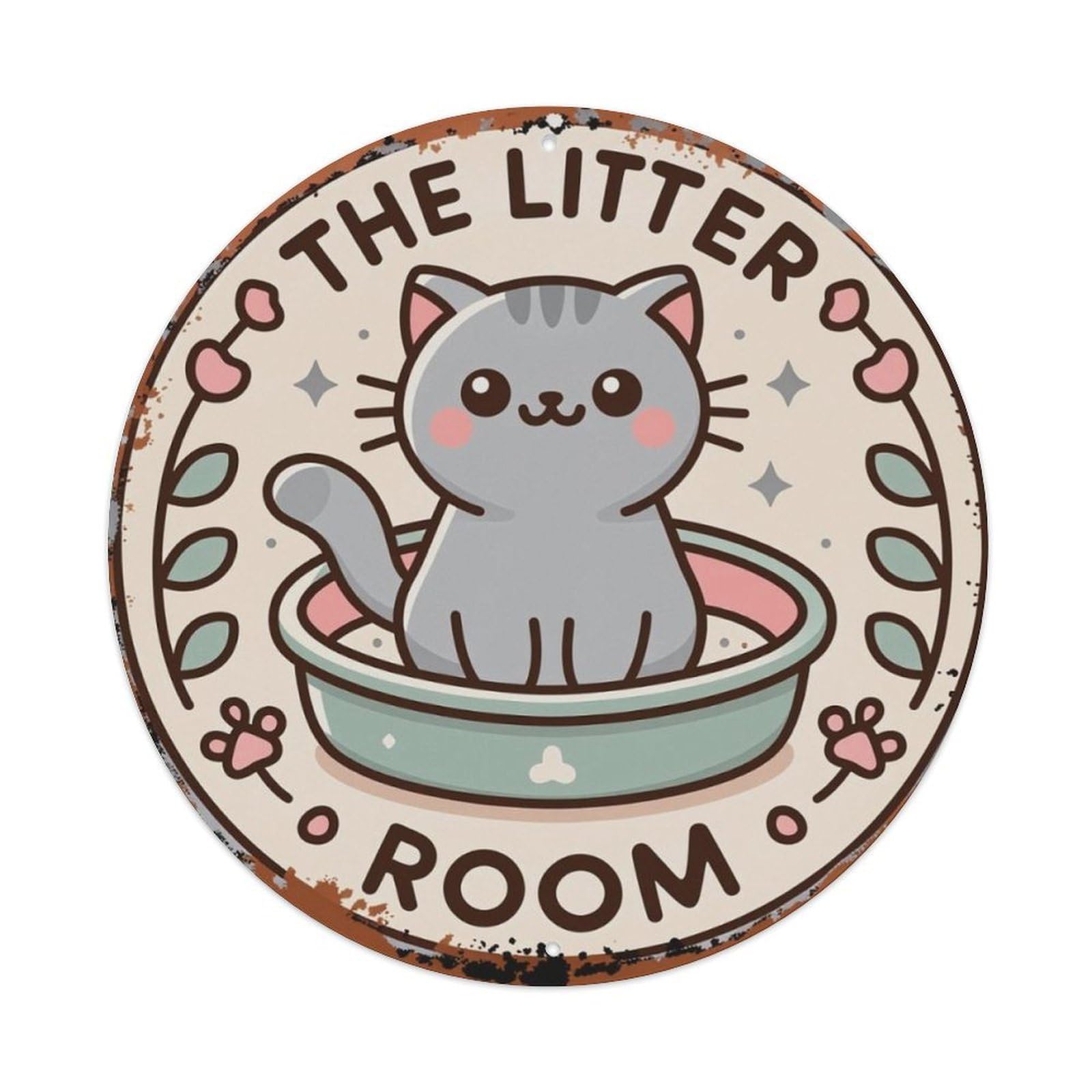 The Litter Room Cute Cartoon Cat Vintage Round Metal Sign Vintage Aluminium Metal Sign, Retro Wall Decor for Home, Bar, Garage & Farmhouse 20x20cm
