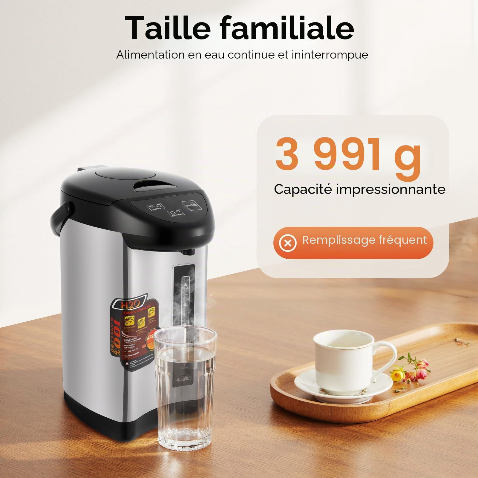 Distributeur d'eau chaude 4 L Bouilloire Bouilloire Thermopot Distributeur électrique d'eau chaude thermos 750 W (Noir)