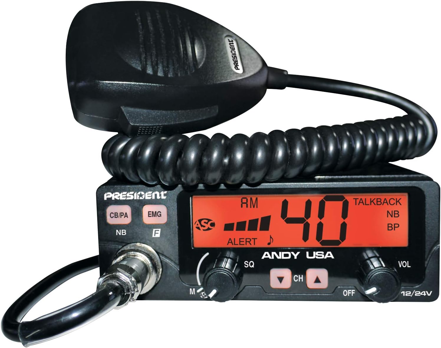 President ANDY Compact AM CB Radio, Multi-functions LCD Display, 7 Wweather Channels, 40 Channels AM, 12/24 Volts, Up/Down Channel Selector, Volume Adjustment and ON/OFF, ANL and NB Filters