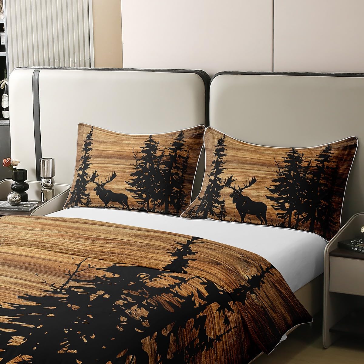 Loussiesd Elch 100% Baumwolle Bettwäsche Set 135x200cm Rustikale Kabine Land Betten für Kinder Mädchen Jungs Vintage Braun Holz Bettbezug Bettwäsche-Set Zimmer Dekorationen