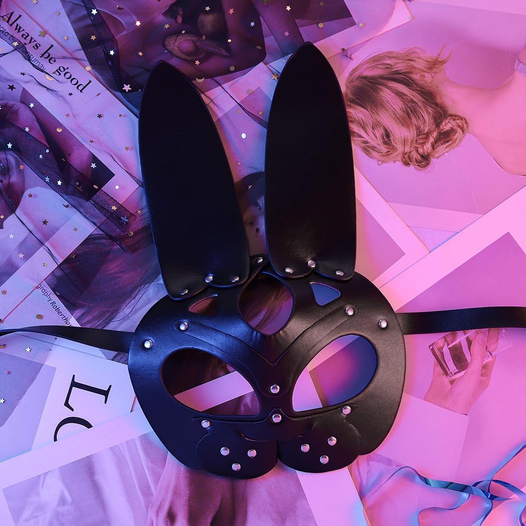Leather Rabbit Masks Masquerade Mask for Women Bunny Masks Halloween Rabbit Face for Night Club Cocktail Cosplay Prom Rave Decorative (Black1) - Image 5